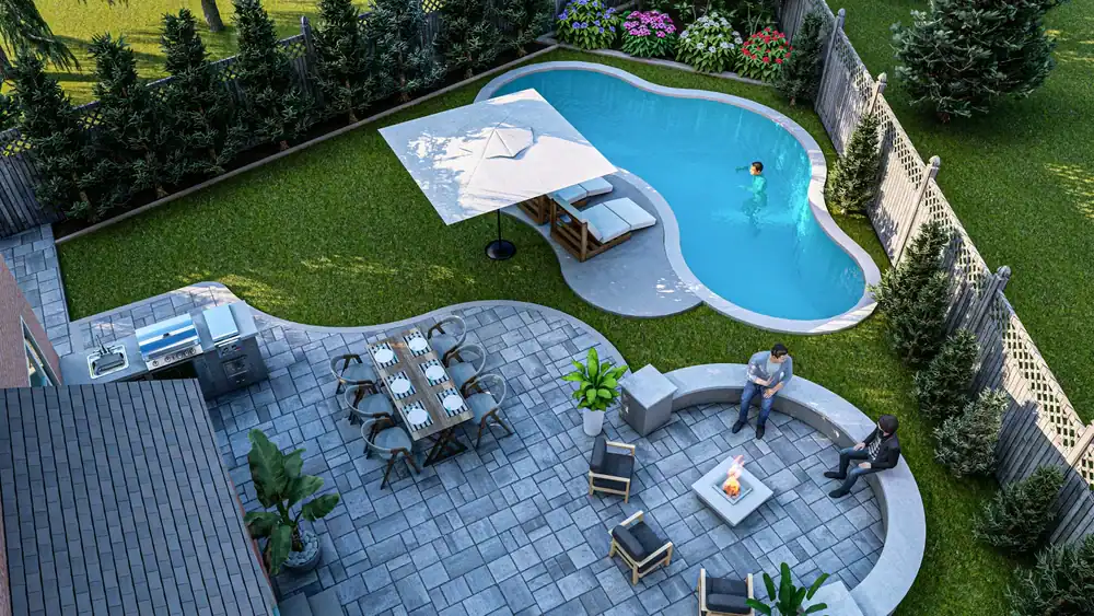 A backyard with a pool, lounge chairs under a large umbrella, a dining table set, a BBQ grill, a fire pit area with seating, and lush landscaping. Two people sit by the fire while someone swims in the pool.