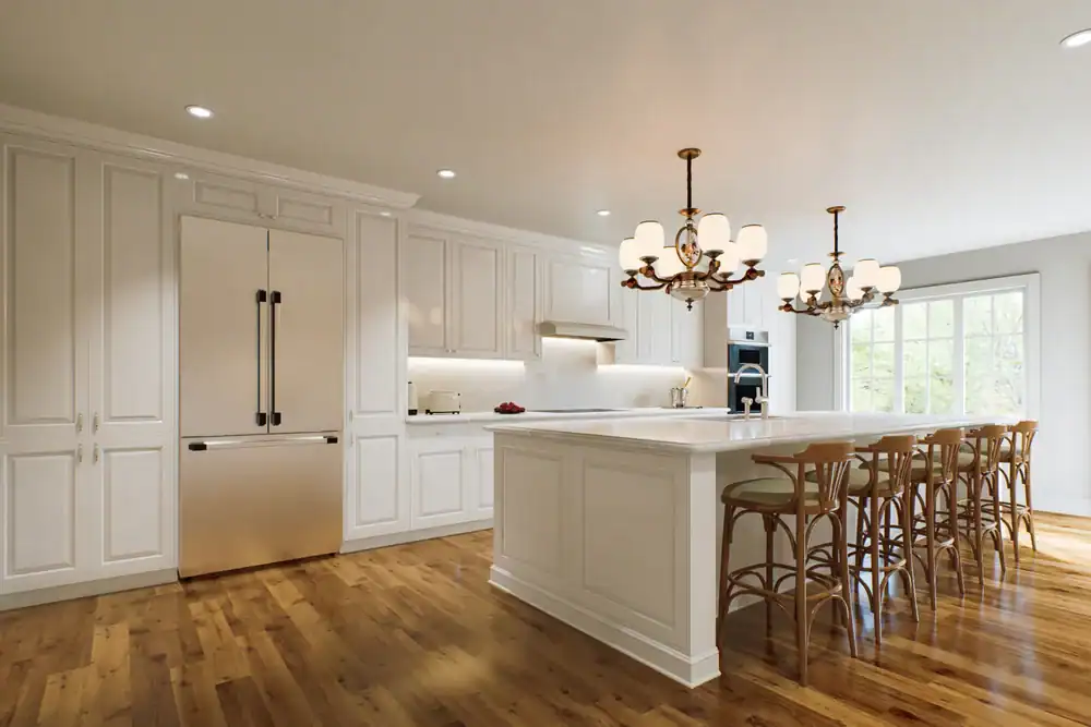 A spacious, modern kitchen with white cabinets, a large island with bar stools, elegant chandeliers, hardwood floors, and large windows letting in natural light.